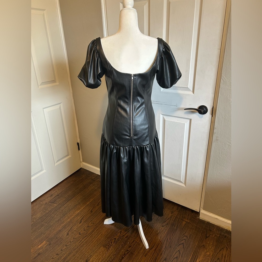 Anthropologie Hutch Black faux vegan leather drop waist Puff Sleeve Midi Dress - Picture 5 of 9